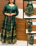 Anarkali Rayon Printed Kurti for Women (Bottle Green & Gold, M)